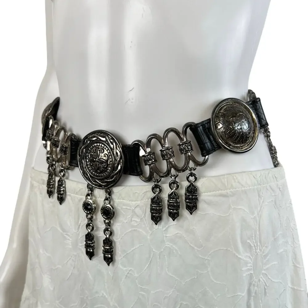 Vintage Women's Black & Silver Tone Medallion Hanging Charm Western Belt (XS/S)